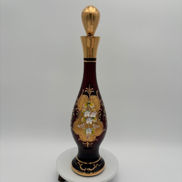 VTG‎ Bohemian Glass Ruby Red Decanter Gold Floral Gilded Stopper Hand Painted